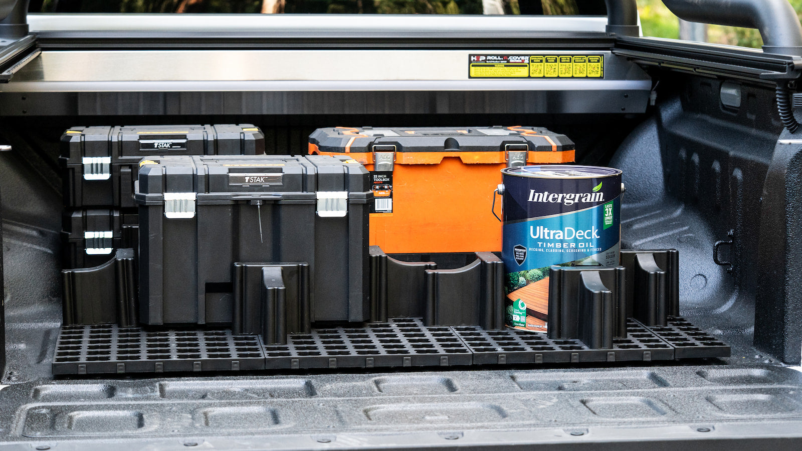 LockNMat modular ute tray mat installed with everyday gear and locking blockers